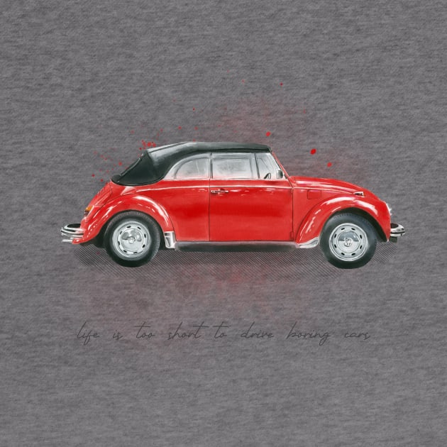 Red retro car watercolor painting. Motivational quote. Life to short to drive boring cars by RenattaZare